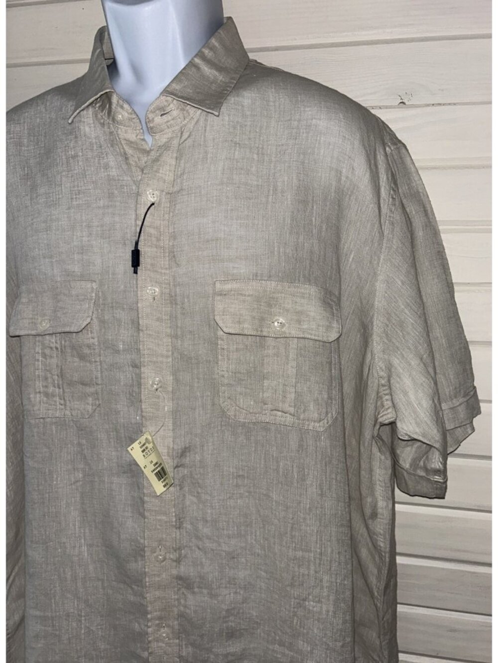 NWT Aqua Toscano Sz 1X Khaki 100% Linen Button Up Camp Shirt S/S Washable